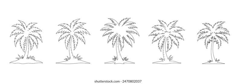 Set of palm trees in doodle style. Hand drawn vector art.