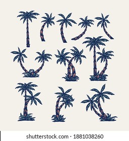 Set of palm trees, hand drawn line style with digital color, vector illustration