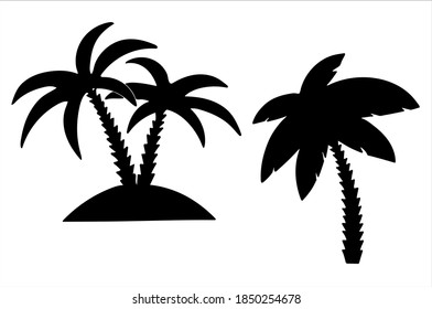 Set of palm trees, isolated hand drawn black and white vector illustration on white background