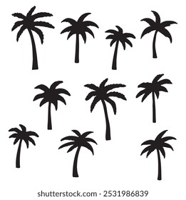 set of palm trees, Isolated palm on the white background. Palm silhouettes.	
