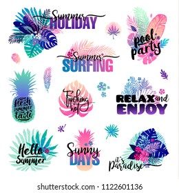 set with palm trees labels, Summer logos, tags and elements, for holiday, travel, beach vacation . Vector illustration. design element for congratulation cards, print, banners and others