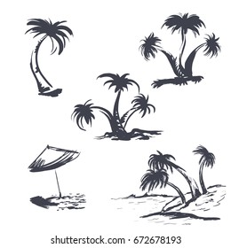 A set of palm trees, a sketch. Vector illustration on white background