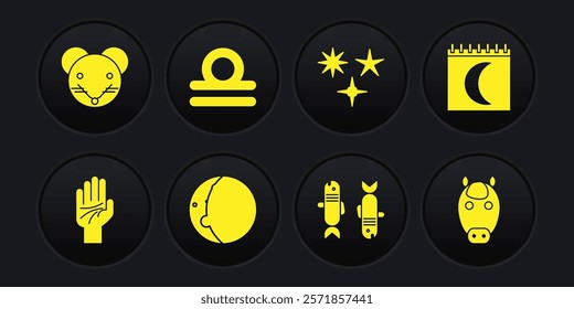 Set Palmistry of the hand, Moon phases calendar, Eclipse sun, Pisces zodiac, Falling star, Libra, Horse and Rat icon. Vector