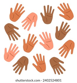 Set of palms with different skin tones. Concept of racial diversity. Concept of multiracial friendship.