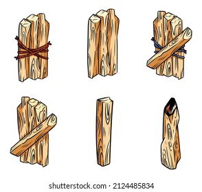 Set of Palo Santo. Holy wood tree aroma sticks from Latin America. Smudge burning incense bundle stock vector collection