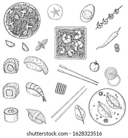 Set of pan asian food. Hand-drawn style. Vector illustrations. Isolated objects on a white background. 