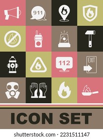 Set Pan with fire, Fire exit, Hammer, Location flame, Walkie talkie, No, Megaphone and Flasher siren icon. Vector