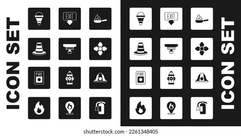 Set Pan with fire, Smoke alarm system, Traffic cone, Fire bucket, Firefighter, exit, helmet and  icon. Vector