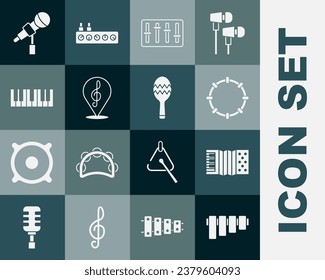 Set Pan flute, Accordion, Tambourine, Sound mixer controller, Treble clef, Music synthesizer, Microphone and Maracas icon. Vector