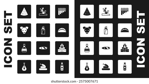 Set Pan flute, Burrito, Dog, Nachos, Taco with tortilla, Cactus, Chichen Itza in Mayan and Tequila bottle icon. Vector