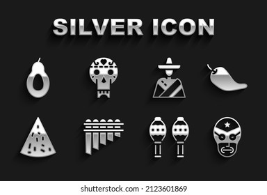 Set Pan flute, Hot chili pepper pod, Mexican wrestler, Maracas, Nachos, man sombrero, Avocado and skull icon. Vector