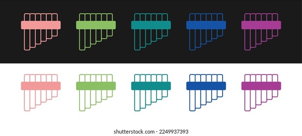 Set Pan flute icon isolated on black and white background. Traditional peruvian musical instrument. Folk instrument from Peru, Bolivia and Mexico.  Vector