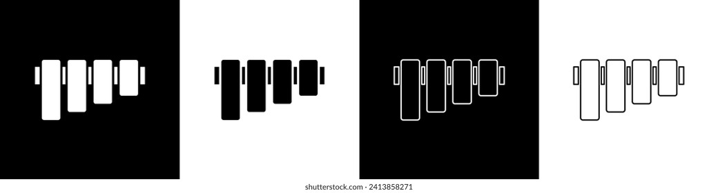 Set Pan flute icon isolated on black and white background. Traditional peruvian musical instrument. Folk instrument from Peru, Bolivia and Mexico.  Vector