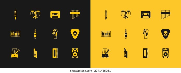 Set Pan flute, Keytar, Guitar neck, Harmonica, Audio jack, Retro audio cassette tape, Flute and Conga drums icon. Vector
