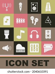 Set Pan flute, Stereo speaker, Triangle, Xylophone, Music book with note, Musical tuning fork and Maracas icon. Vector
