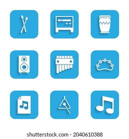Set Pan flute, Triangle, Music note, tone, Tambourine, book with, Stereo speaker, Drum and sticks icon. Vector