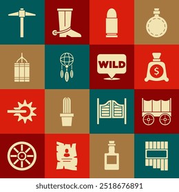 Set Pan flute, Wild west covered wagon, Money bag, Bullet, Dream catcher with feathers, Dynamite bomb, Pickaxe and Pointer to wild icon. Vector