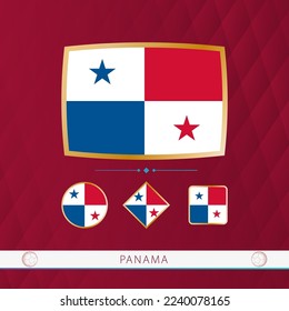 Set of Panama flags with gold frame for use at sporting events on a burgundy abstract background. Vector collection of flags.