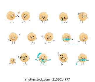 Set of pancake character with happy or sad emotions, panic, loving or brave face, hands and legs. Baking, homemade pastry with mask, glasses or hat. Carnival or Maslenitsa food. Vector illustration