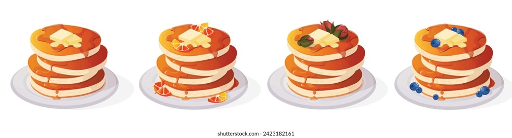 Set of pancake illustrations. Pancakes. Pancakes for breakfast. Sweet breakfast. Pancakes with fruits. Pancake illustrations for designing posters, banners, social media. Pancake elements