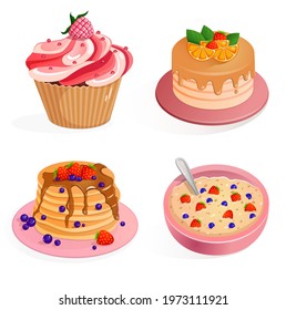 Set of pancakes with blueberries and strawberries, raspberry muffin, muffin, oatmeal with berries, cake. Vector cartoon illustrations isolated on white background. Breakfast, dessert, pastries, sweets