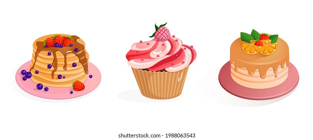 Crepes con arándanos y fresas, aleta de frambuesa, aleta de aleta y pastel de naranja. Ilustraciones de dibujos vectoriales aisladas en fondo blanco. Hacerlo y dulces.