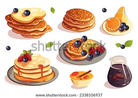 Set of pancakes. A charming set of cartoon-style flat design illustrations featuring delectable pancakes. Vector illustration.