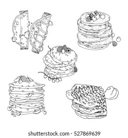 Set of pancakes and crepes on white background. Hand drawn vector illustration.