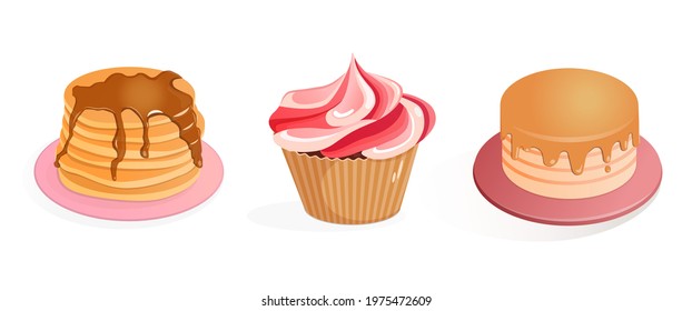 Set of pancakes, cupcake, muffin and cake. Vector cartoon illustrations isolated on white background. Baking and sweets