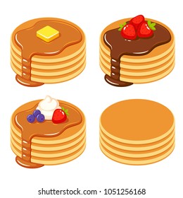 Set of pancakes with different toppings: honey and butter, chocolate syrup and fruit, and a stack of plain isolated pancakes. Traditional breakfast food vector illustration. svg