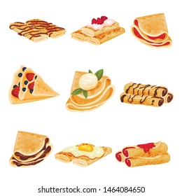 Set of pancakes in the form of a roll and a triangle. Vector illustration on white background.