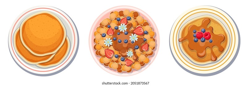 Panqueques en Plate Top View, Grandes y Pequeñas Pistas de Panadería con Miel, Arce o Jarabe de Chocolate, Fresa, Frambuesa y Arándano, Deliciosa Comida. Ilustración de vectores de dibujos animados, iconos