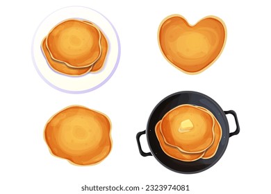 Set Pancakes in plate, heary shape, stack and in frying pan with butter top view in plate in cartoon style isolated on white background. Circle dessert, breakfast. 