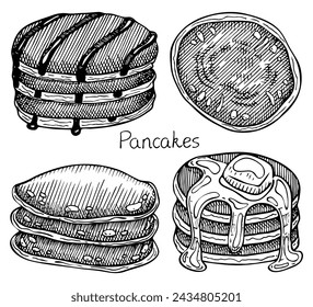 Establecer boceto de panqueques. Panadería. Desayuno. Masa horneada de postre. Dibujado a mano ilustración vectorial.