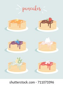 Set of pancakes vector illustration on blue background