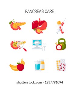 Set of pancreas care icons in flat style. Medical vector illustration