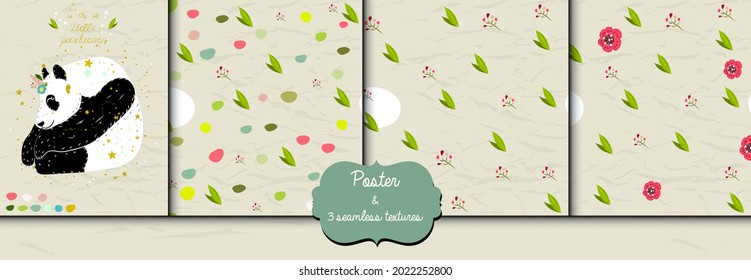 Set with panda and 3 seamless textures for design. Perfect for clothes textile and home decore.