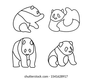 Set of Panda Bear with Black Outline in White Background. Isolated animal outline for coloring
