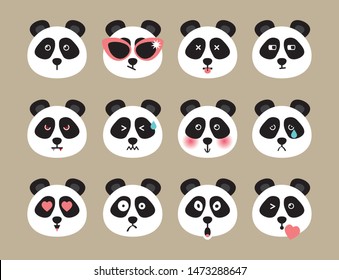 set of Panda bear faces, emotion and expression icons, emoji or emoticon, vector illustration
