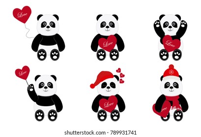 Set of panda bears with red hearts