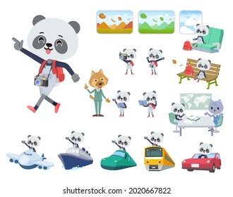 A set of Panda boy on travel.It's vector art so it's easy to edit.