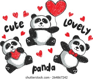 set of panda cartoon in doodle style