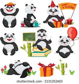 A set of panda character images in a cute cartoon style. Vector illustration.