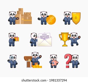 Set of panda characters in business suit showing various actions. Cute panda standing near parcel boxes, big coin, shield, mail letter, winner's cup and other situations. Vector illustration