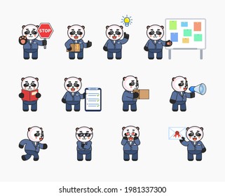 Set of panda characters in business suit showing various actions. Cute panda holding stop sign, document, reading book, running. Vector illustration