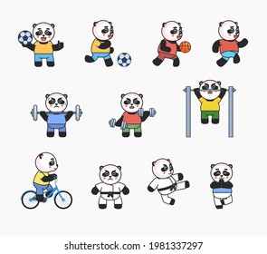 Set of panda characters doing various sports. Cute panda running, playing football, basketball, riding bike and showing other actions. Vector illustration bundle