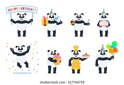 Set of panda characters posing in different situations. Cheerful panda celebrating birthday, holding birthday banner, cake, gift box, present, cupcake, pie, balloons, jumping. Flat vector illustration