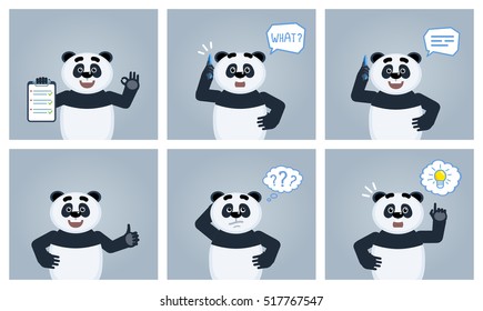 Set of panda characters posing in different situations. Cheerful panda holding clipboard, talking on phone, surprised, thinking, pointing up, showing thumb up gesture. Flat vector illustration