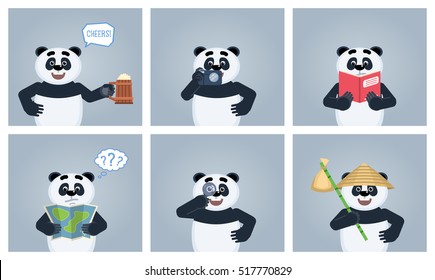 Set of panda characters posing in different situations. Cheerful panda holding mug of beer, photo camera, map, magnifying glass, reading a book. Flat vector illustration