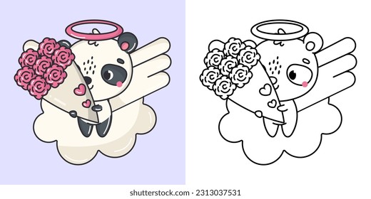 Set Panda Coloring Page and Colored Illustration. Clip Art Kawaii Bear. Vector Illustration of a Kawaii Animal for Coloring Pages, Prints for Clothes, Stickers, Baby Shower.
